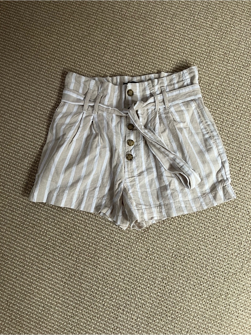 Abercrombie & Fitch Beige and White Striped Paperbag-Waist Button front  Shorts